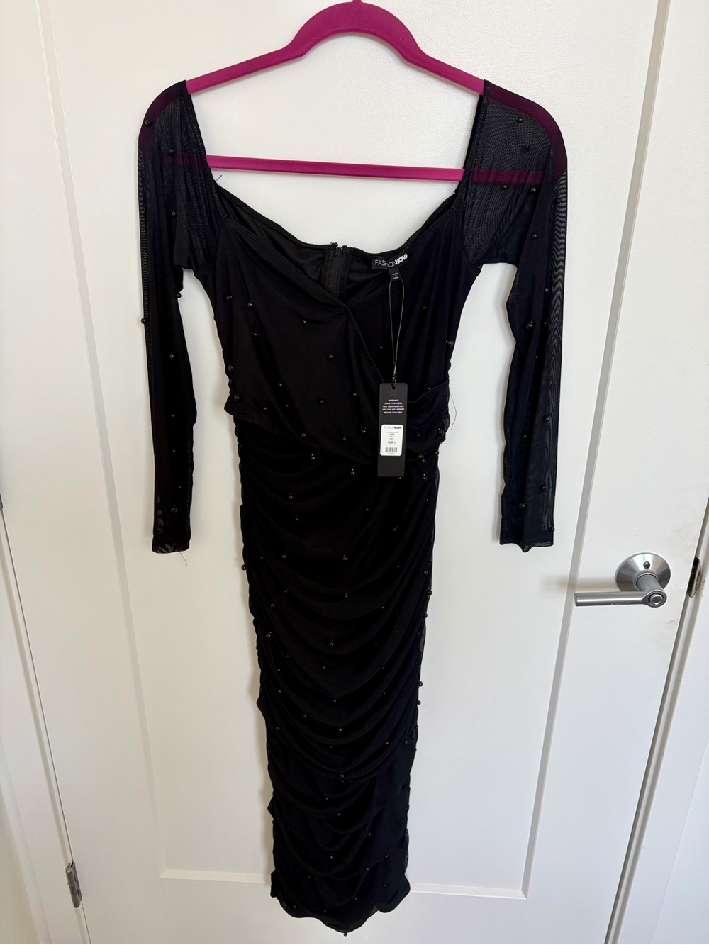 Fashion Nova Black Off-Shoulder Ruched Midi Dress with Beaded Accents